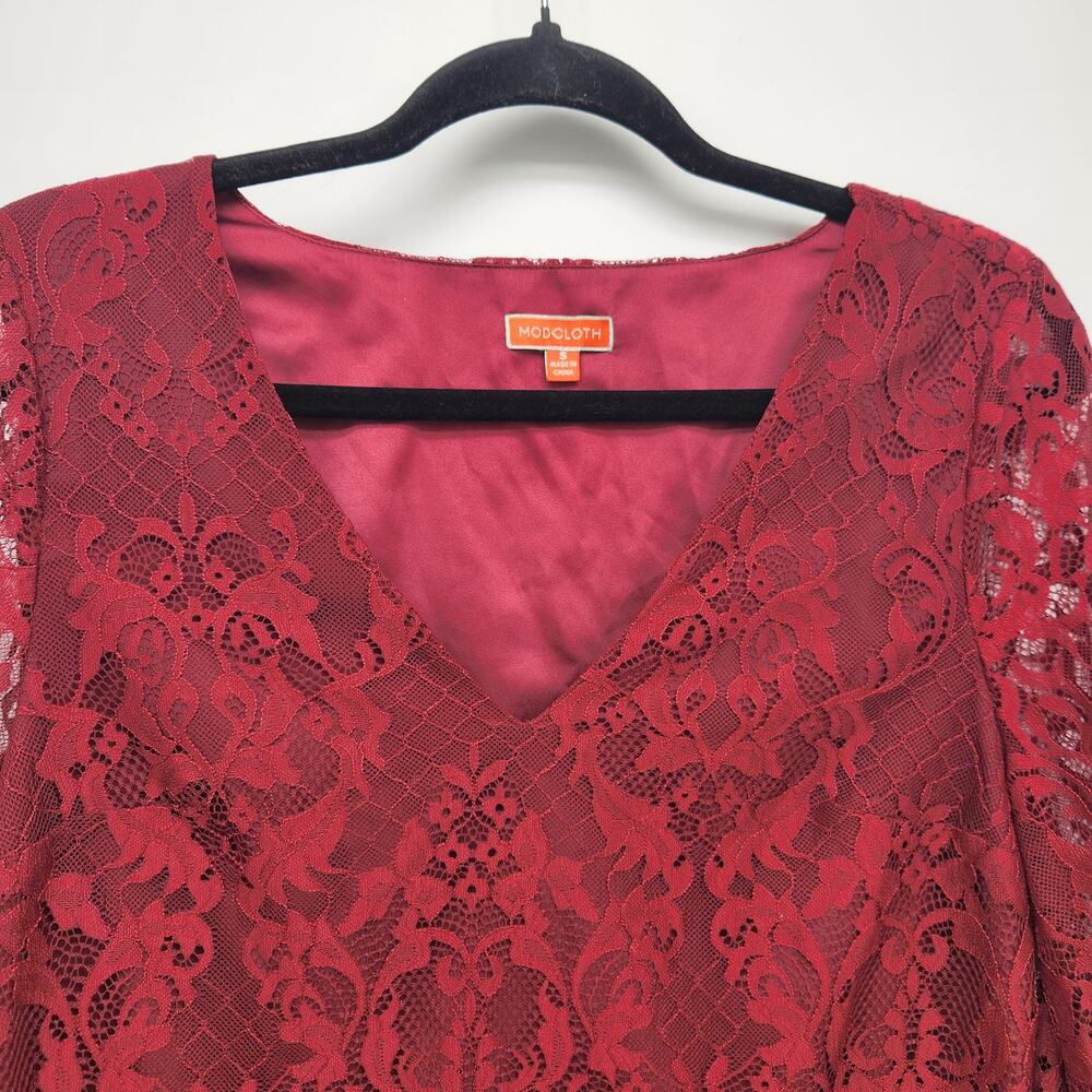 Modcloth Burgundy Through the Bluebells Lace Bell Sleeve Blouse Women's S - Picture 7 of 8